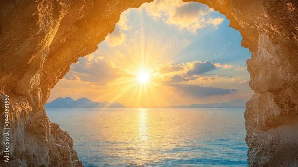 Breathtaking View of the Ocean at Sunrise from a Cave Opening with Golden Light and Blue Sky Above