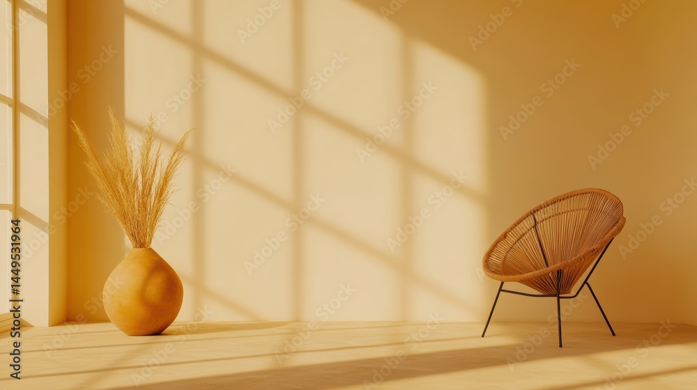 Serene Interior with Natural Light and Minimalist Decor in Warm Earth Tones and Subtle Shadows