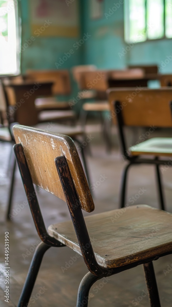 Old Classroom with Empty Desks and Chairs Evoking Nostalgia and Reflection on Education and Learning