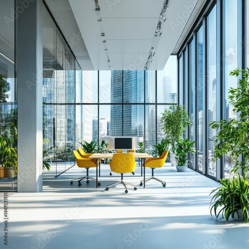 Obraz na płótnie Bright modern office space with city view and plants creating a vibrant and productive work environment w salonie
