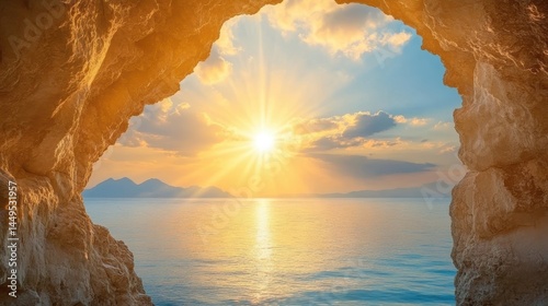 Obraz na płótnie Breathtaking View of the Ocean at Sunrise from a Cave Opening with Golden Light and Blue Sky Above w salonie