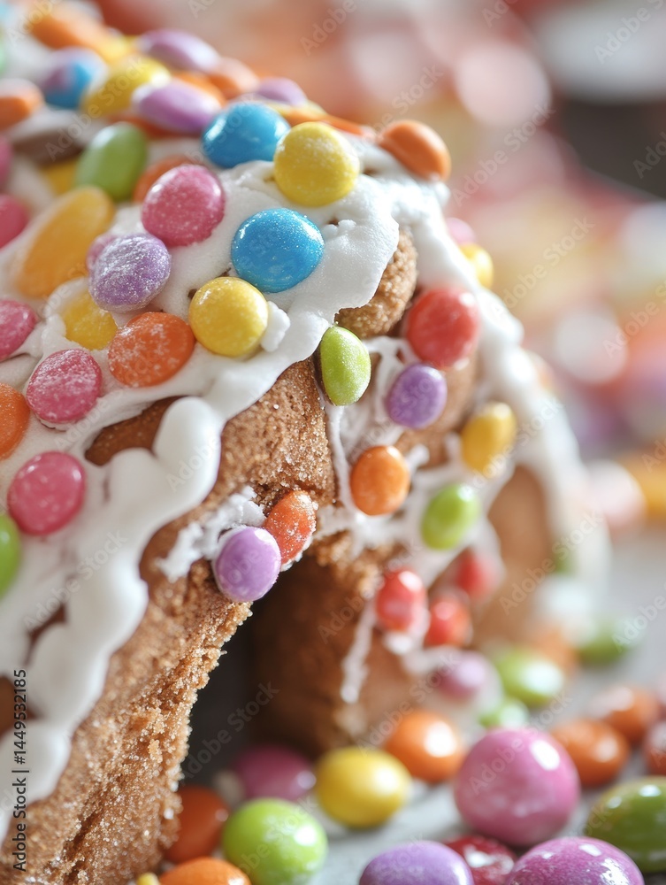 Close Up of a Festive Gingerbread House Decorated with Colorful Candies and White Icing