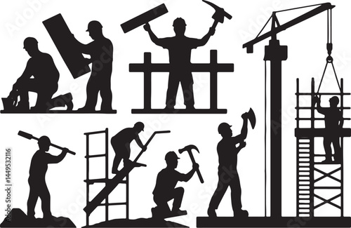 silhouettes of construction workers in construction