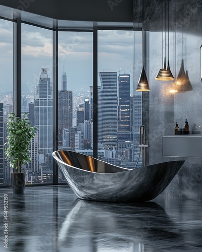 Luxurious Bathroom with City View Bathtub and Modern Design Elements for Relaxation