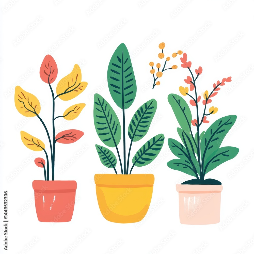 Three potted plants with colorful leaves and flowers on a white background in vector style