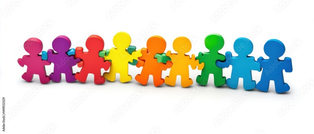 Colorful Wooden Figures Holding Hands Symbolizing Unity and Diversity on White Background