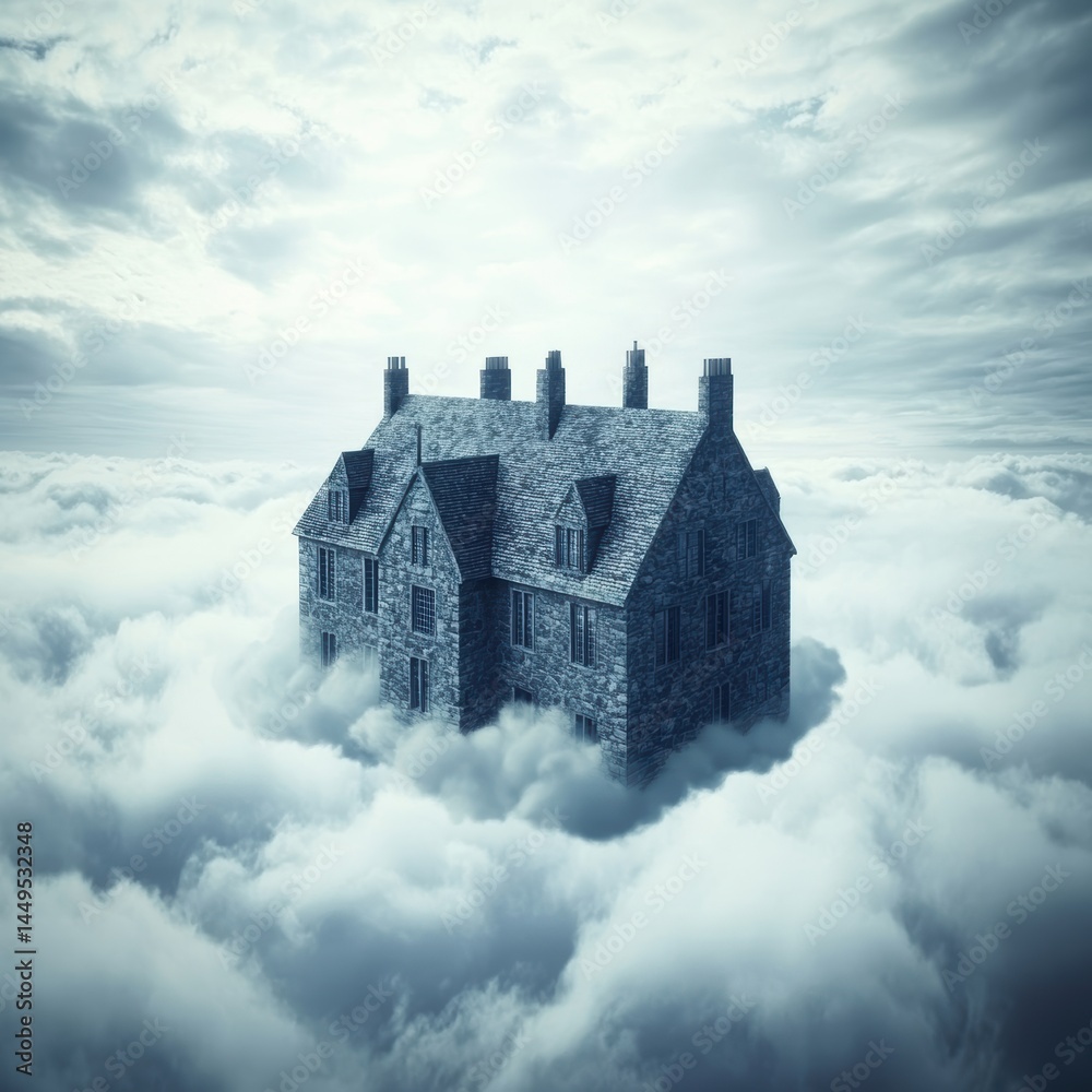 Dreamy Stone House Floating Serene in a Sea of Clouds a Fantasy Architectural Vision