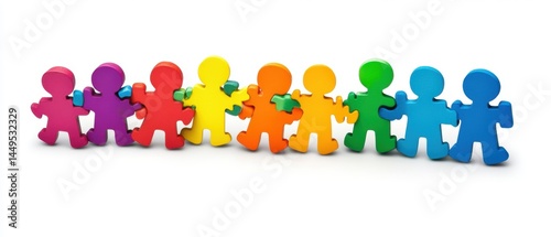 Colorful Wooden Figures Holding Hands Symbolizing Unity and Diversity on White Background