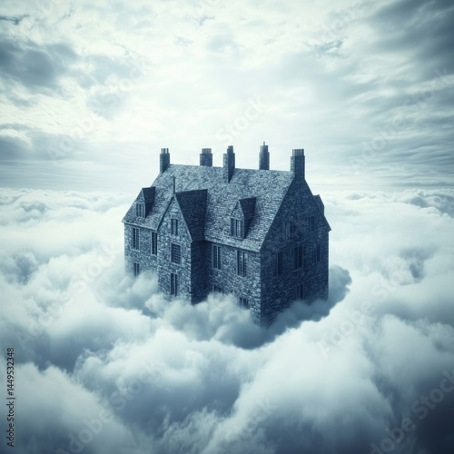 Obraz na płótnie Dreamy Stone House Floating Serene in a Sea of Clouds a Fantasy Architectural Vision w salonie