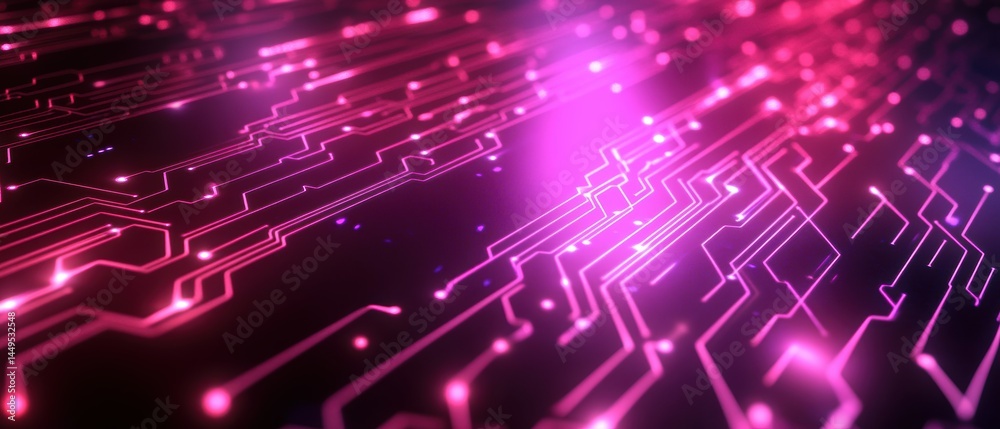 Abstract Technology Background with Glowing Pink Circuit Board Lines and Data Flow
