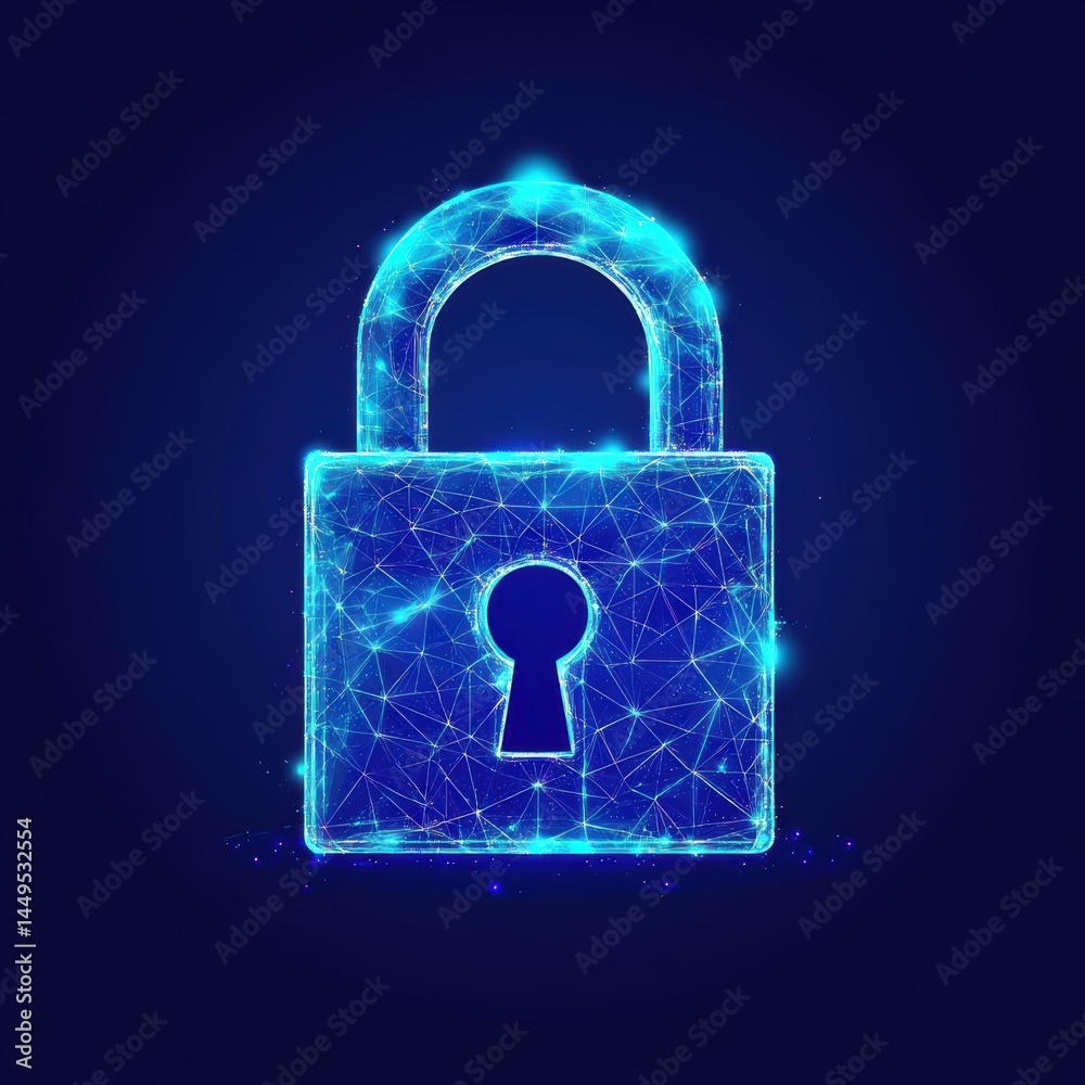 Digital Lock Security System with Glowing Network Mesh for Data Protection and Cyber Safety