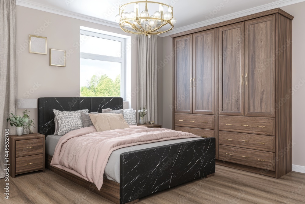 Elegant Bedroom Interior with Marble Bed Frame and Wooden Wardrobe for a Modern Home