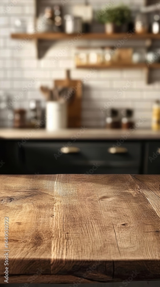 Rustic Kitchen Backdrop with Wooden Tabletop and Blurred Interior Scene for Food Photography