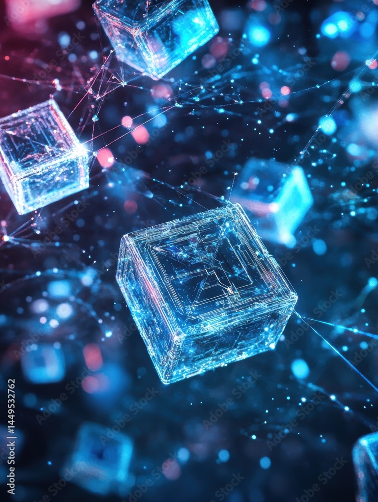 Abstract Digital Network of Interconnected Cubes with Glowing Nodes and Lines in a Dark Space