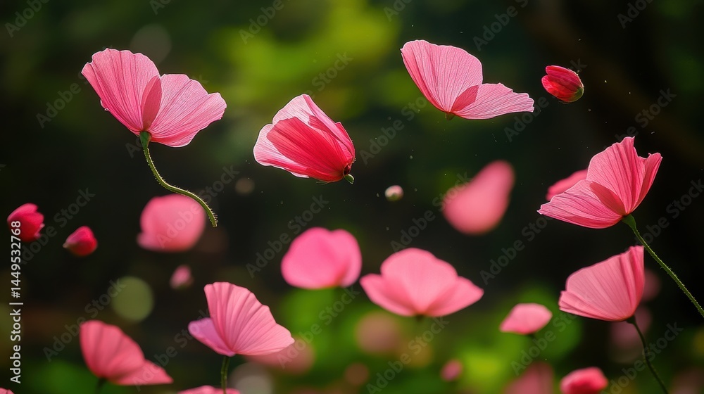 Ethereal dance of pink poppy flowers in a sunlit garden, a delicate ballet of nature's beauty