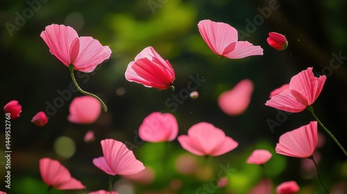 Obraz na płótnie Ethereal dance of pink poppy flowers in a sunlit garden, a delicate ballet of nature's beauty w salonie