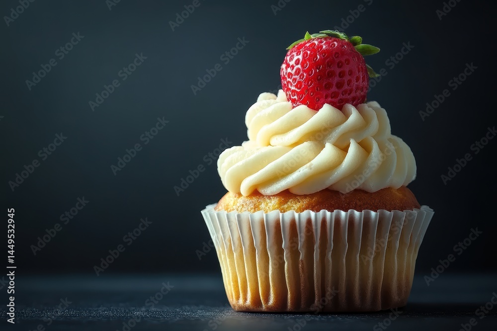 Delicious Vanilla Cupcake with Strawberry Topping on a Dark Background for Dessert