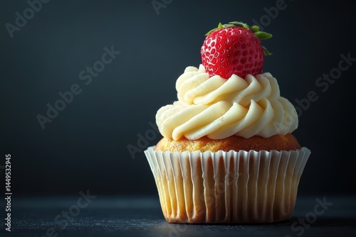 Obraz na płótnie Delicious Vanilla Cupcake with Strawberry Topping on a Dark Background for Dessert w salonie