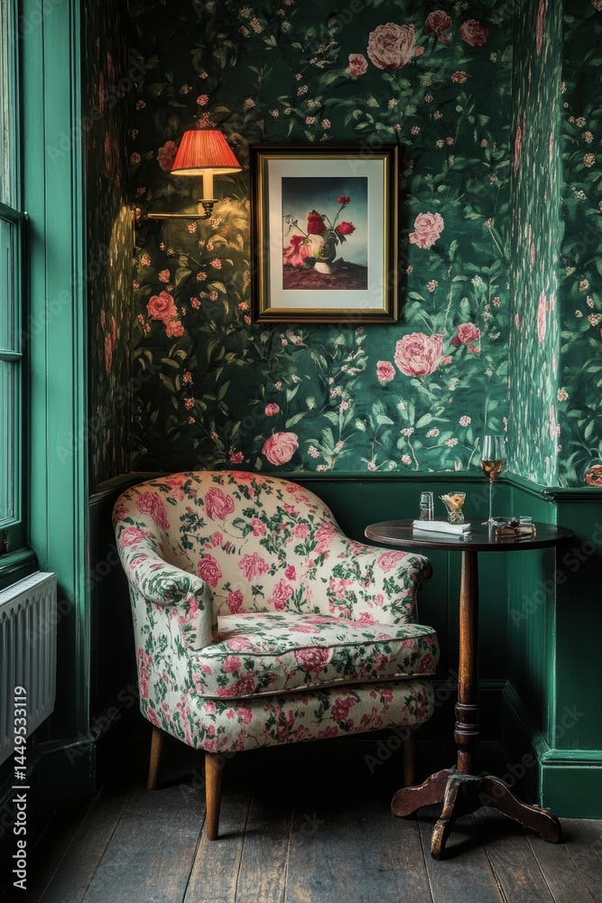 Cozy Floral Armchair in a Vintage Green Room with a Small Table and a Glass of Wine