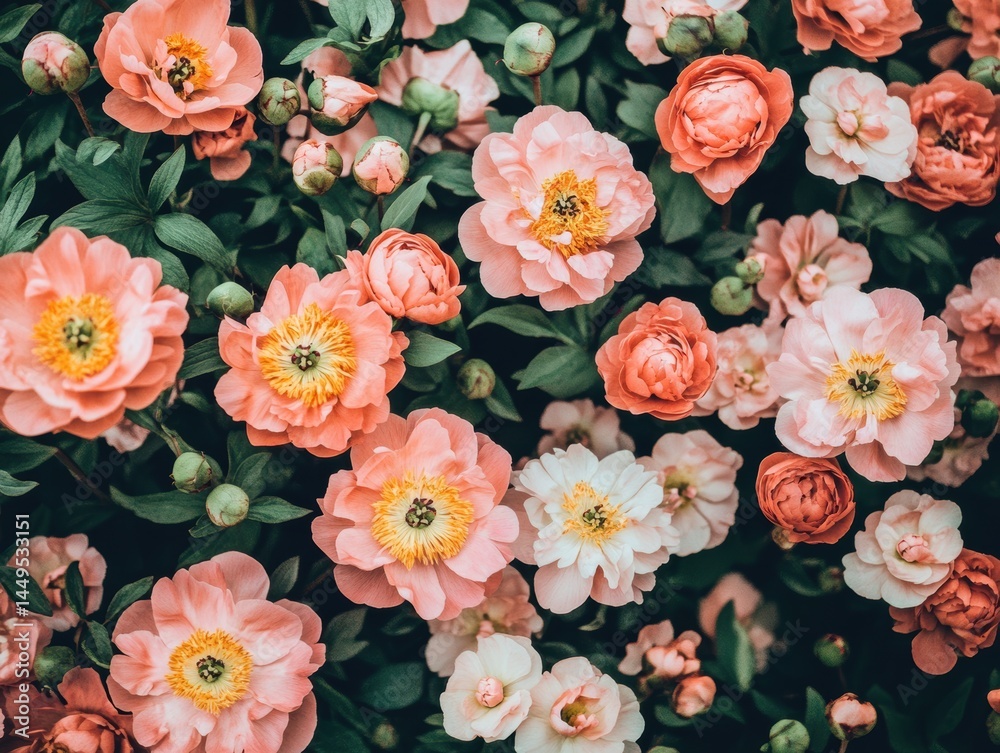 Delicate Floral Arrangement of Pink Peonies and Green Foliage in a Natural Garden Setting