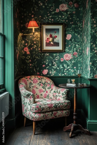Obraz na płótnie Cozy Floral Armchair in a Vintage Green Room with a Small Table and a Glass of Wine w salonie