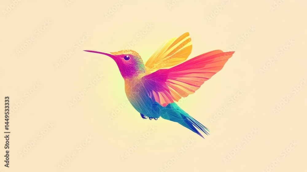 Geometric hummingbird artwork with vibrant colors against a soft pastel background illustration
