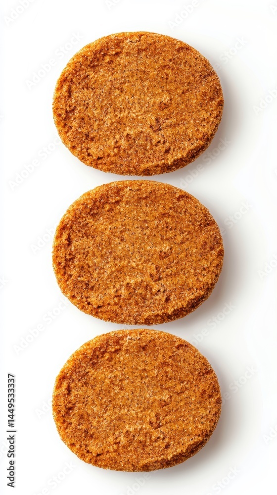 Three golden brown veggie burgers stacked vertically on a clean white background for healthy eating