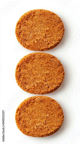 Obraz na płótnie Three golden brown veggie burgers stacked vertically on a clean white background for healthy eating w salonie