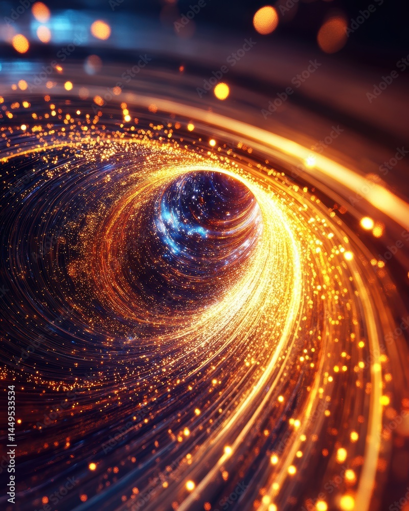 Abstract Light Tunnel with Golden Particles and Blue Center for Futuristic Backgrounds