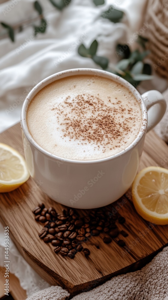 Cozy coffee break with lemon and beans on a wooden board in a soft and relaxing morning light