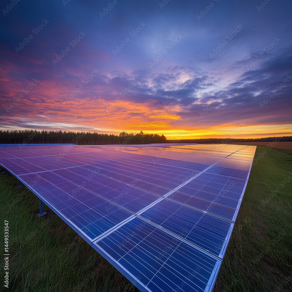 Solar Panel Array at Sunset with Vibrant Sky and Reflection of Light on Clean Energy Source