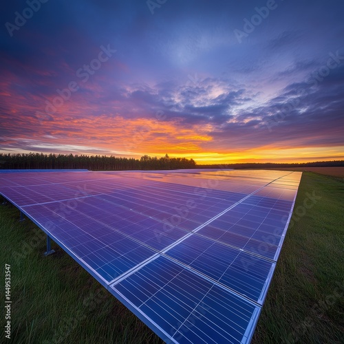 Solar Panel Array at Sunset with Vibrant Sky and Reflection of Light on Clean Energy Source