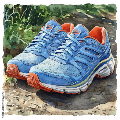 illustration of Pair Of Running Shoes On A Marathon Course, watercolor vector, isolated on a white background.