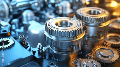 Intricate Metal Gears and Components in a Complex Mechanical System Assembly Close Up View