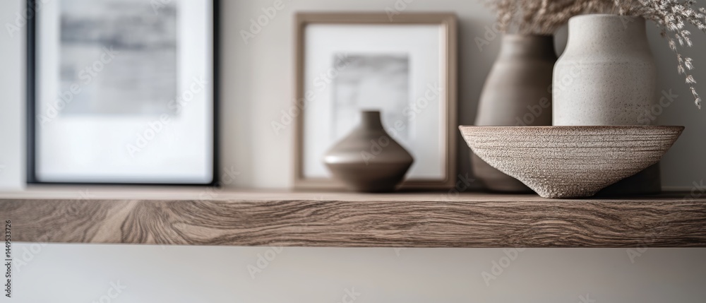 Serene shelf display with ceramic vases and framed art in a minimalist interior setting