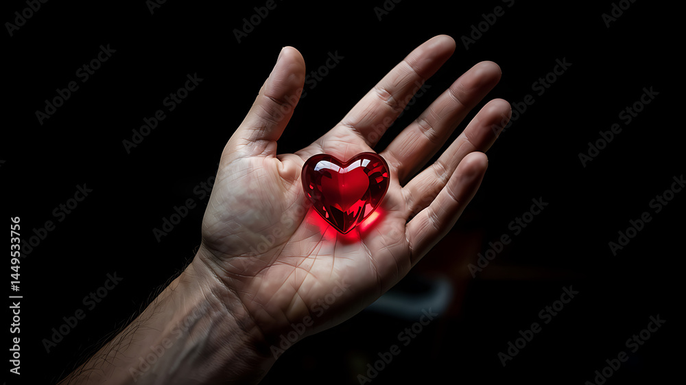 Fototapeta premium Glowing red heart held gently in a loving hand a symbol of pure affection and care