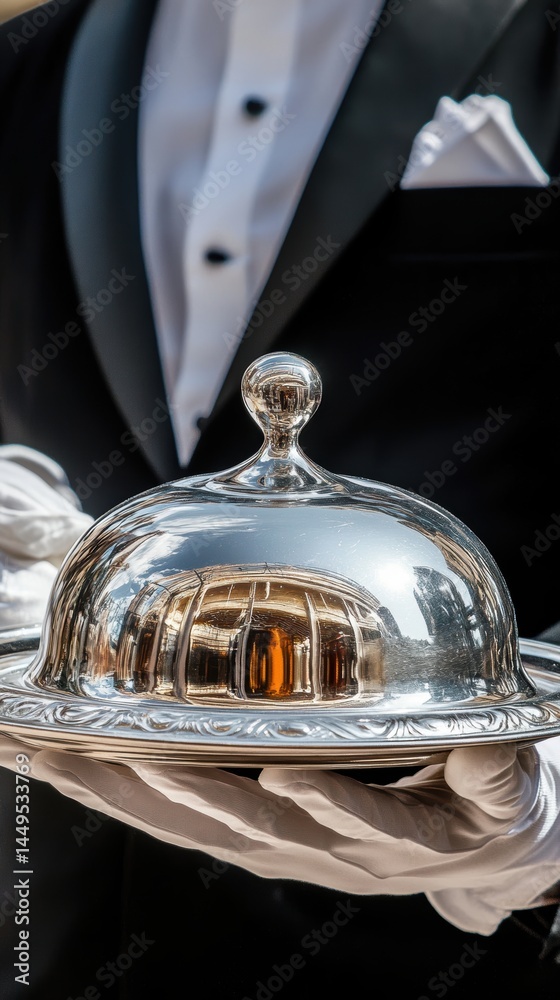 Elegant Waiter in Tuxedo Serving a Silver Cloche with Reflected Architecture Detail