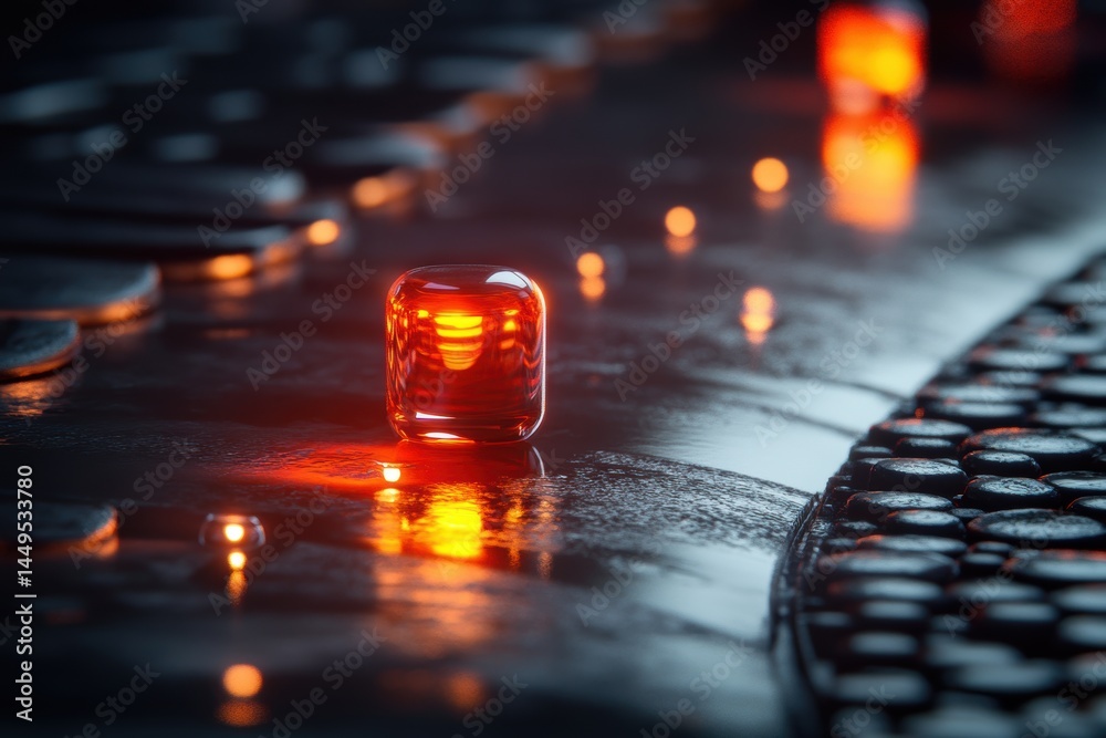 Abstract Red Glowing Cube on Wet Surface with Reflections in Dark Environment