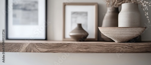 Obraz na płótnie Serene shelf display with ceramic vases and framed art in a minimalist interior setting w salonie