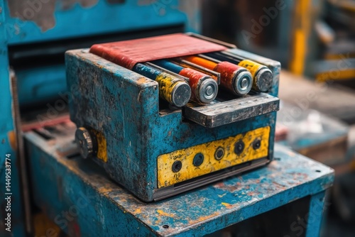 Obraz na płótnie Worn Factory Machine with Colorful Rollers and Weathered Blue Paint Showing Industrial Decay w salonie