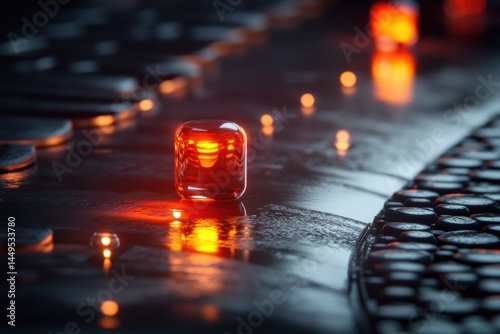 Obraz na płótnie Abstract Red Glowing Cube on Wet Surface with Reflections in Dark Environment w salonie