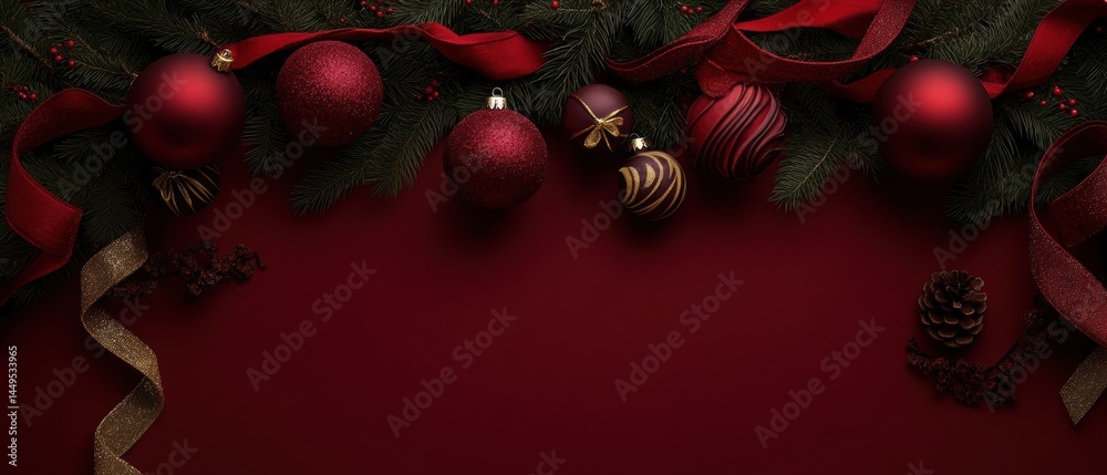 Festive Christmas Arrangement with Red Ornaments and Ribbons on a Dark Red Surface