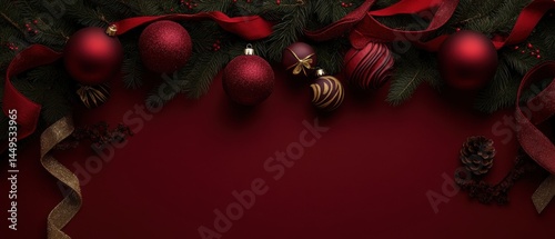 Obraz na płótnie Festive Christmas Arrangement with Red Ornaments and Ribbons on a Dark Red Surface w salonie
