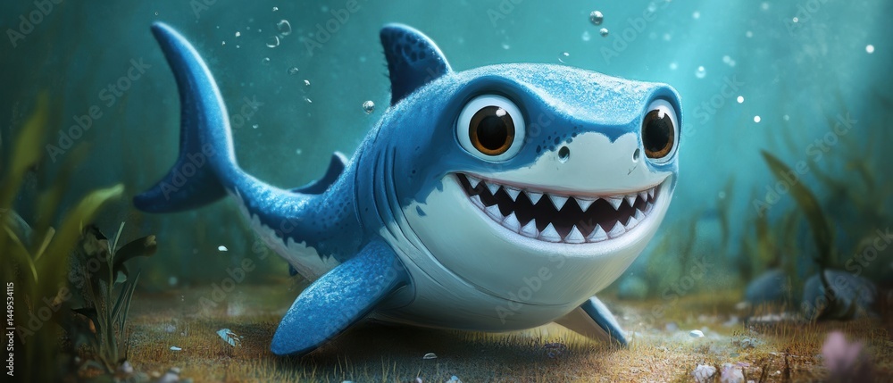 Adorable Baby Shark Smiling Brightly in the Ocean Depths Cartoon Illustration Style