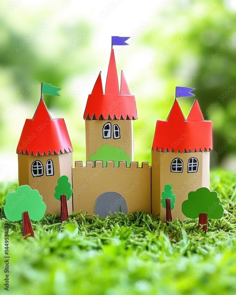 Charming Cardboard Castle Craft Project on Green Mossy Background for Creative Playtime Fun