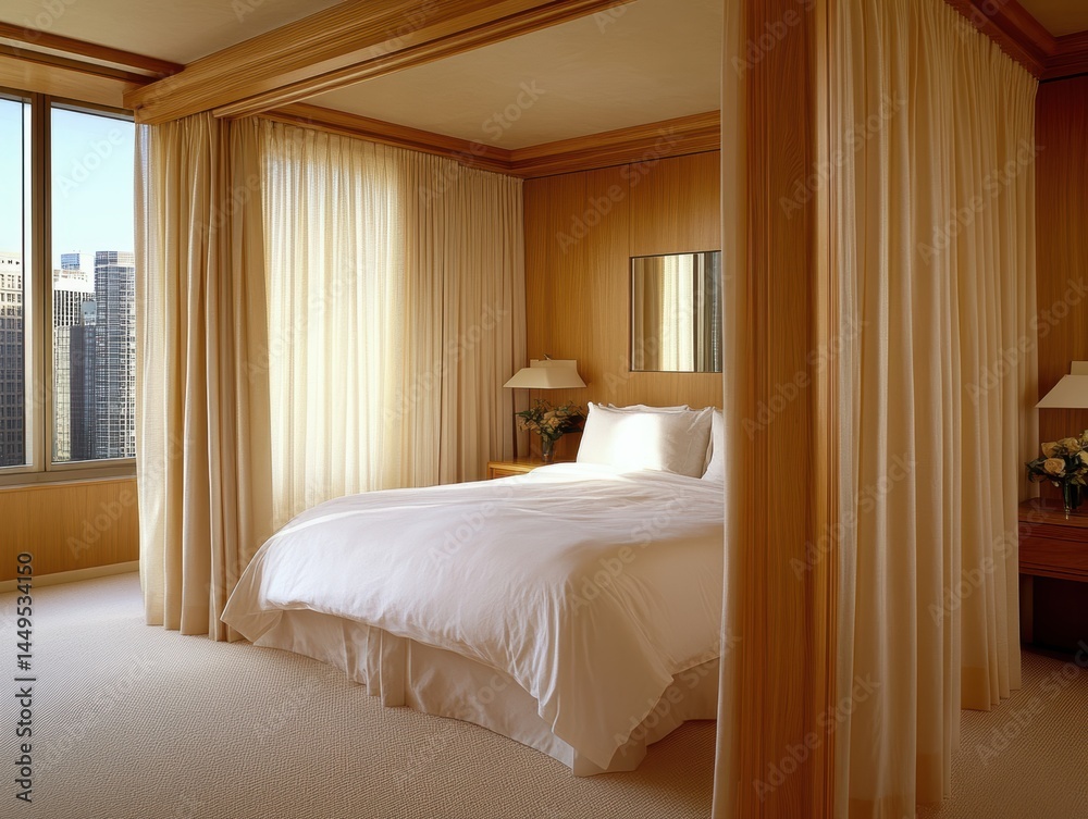 Serene Bedroom Retreat with City View and Elegant Draped Curtains and Cozy Ambiance