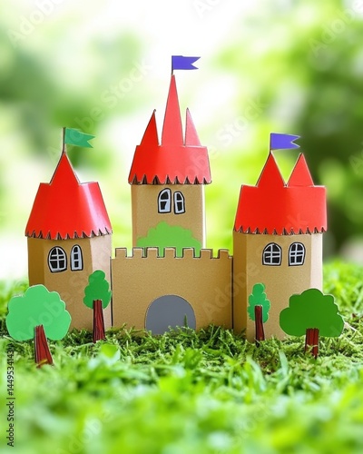 Obraz na płótnie Charming Cardboard Castle Craft Project on Green Mossy Background for Creative Playtime Fun w salonie