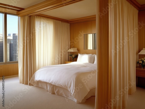 Serene Bedroom Retreat with City View and Elegant Draped Curtains and Cozy Ambiance
