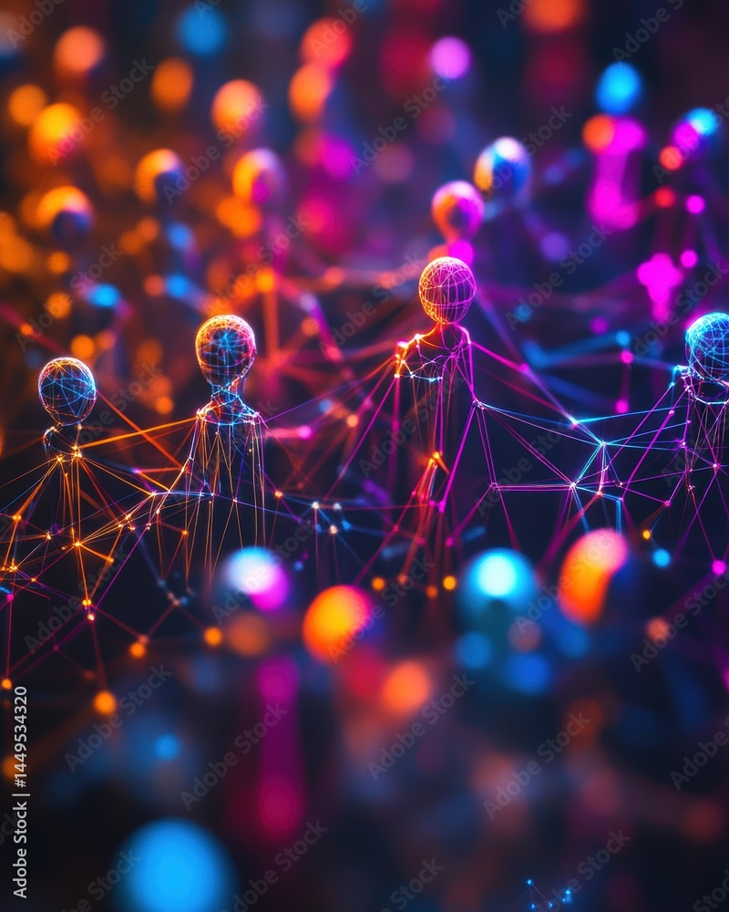 Abstract Network of Connected Figures with Vibrant Lights and Geometric Shapes