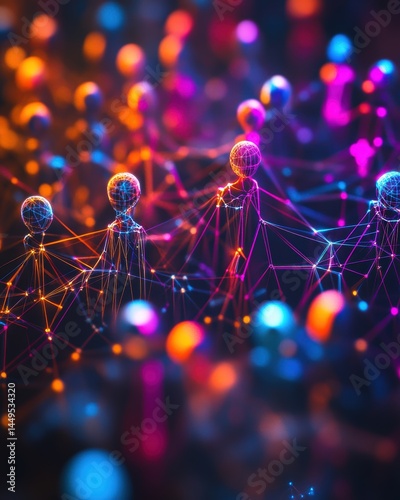 Obraz na płótnie Abstract Network of Connected Figures with Vibrant Lights and Geometric Shapes w salonie